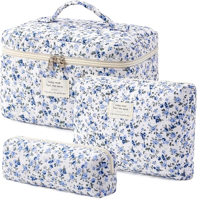 HBselect Quilted Makeup Bag, 3Pcs Cotton Large Travel Makeup Bags Organizer | Cute Floral Make up Bag Cosmetic Bag Toiletry Bag for Women Girls, Makeup Pouch for Skincare, Brushes & Travel Essentials