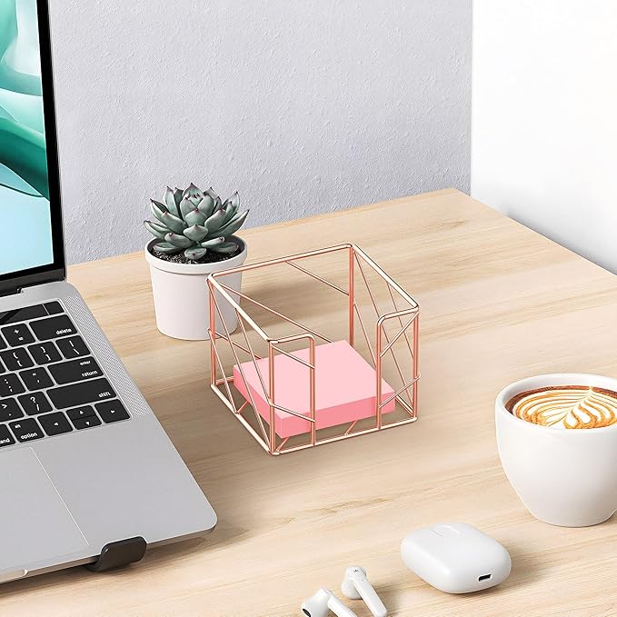 Rose Gold Geometric Sticky Note & Memo Cube Holder, Post Note Dispenser & Desk Organizer Metal Wire for Home, School, Office Supplies (Holder Only)