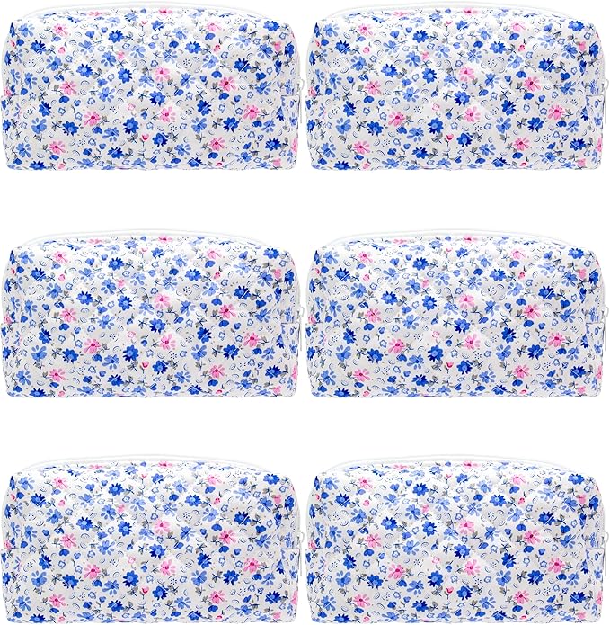 PAZIMIIK 6PCS Vintage Quilted Makeup Bag SET Cosmetic Pouch for Brushes Pencils and Travel Make Up Accessories for Women and Girls Flower Blue