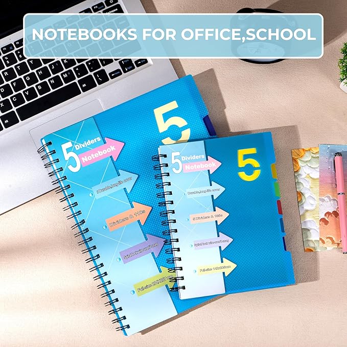 CAGIE Spiral Notebook 5x7 with Dividers 5 Subject Notebook with Tabs Wide Ruled A5 Spiral Bound Journal for Note Taking Work School Supplies, 220 Pages, Blue