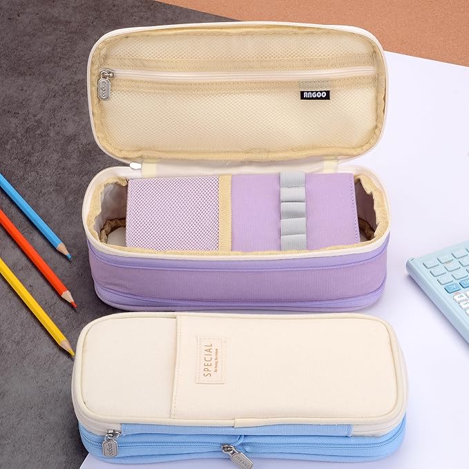 Large Capacity Big Special Cute Aesthetic Preppy Canvas Pencil Case Organizer Holder Pouch Bag with Zipper Compartments, Pen Cases for Women Girls School Adults (Beige/Purple)