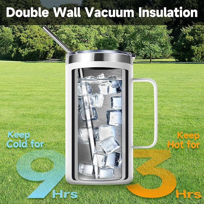 Volhoply 22oz Insulated Stainless Steel Coffee Mugs with Leakproof Lid Bulk 2 Pack,Double Wall Vacuum Travel Coffee Cup with Handle,Reusable Metal Tumbler,Camping Mug Keep Hot&Cold(White,2)