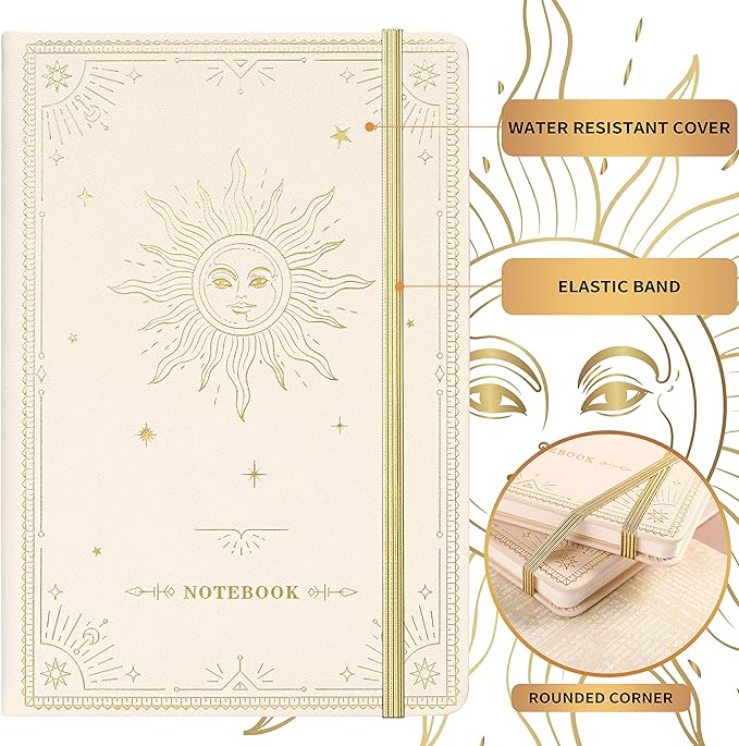 Ruled Notebook/Journal – Premium Thick Paper Faux Leather Classic Writing Notebook with Pocket + Page Dividers Gifts, Banded, Large, 144 Pages, Hard Cover, Lined (5.8 x 8.4) - White Sun Goddess