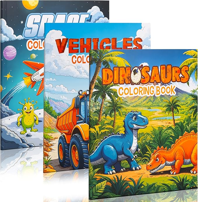 ZICOTO Fun Coloring Books for Kids Set of 3 – Exciting Dinosaur, Space & Trucks Coloring Book for Boys Ages 4–8 – Easy to Color Gift for Your Creative Little One