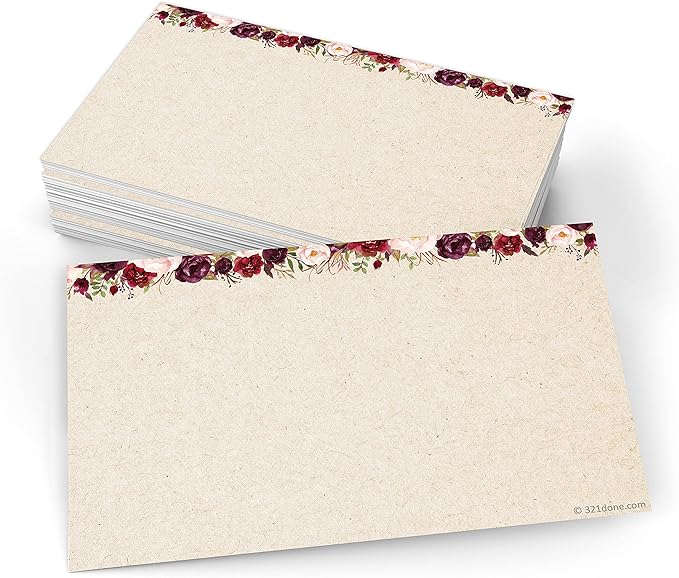 321Done Red Rose Floral Index Cards - Blank, No Lines - (50) Small 3x5 Kraft Cards - For Studying, Learning, Flashcards, Desk Notes, Messages, Notecards, Card Making - Cute, Pretty - Made in the USA
