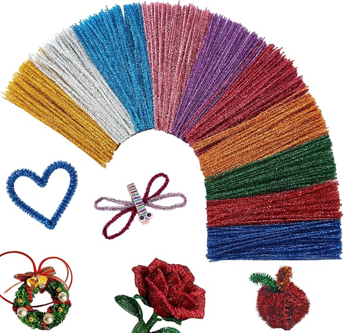 200Pcs Glitter Pipe Cleaners Craft Bulk,Art Aupplies Toys for Kids,DIY Multicolor Sparkly Chenille Stems for Halloween/Christmas Home Decor,Xmas Gift Wrapping and Festival Party Decoration Present