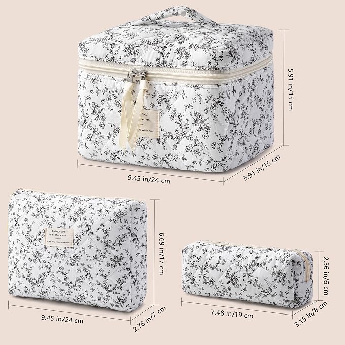 HBselect Quilted Makeup Bag, 3Pcs Cotton Large Travel Makeup Bags Organizer | Cute Floral Make up Bag Cosmetic Bag Toiletry Bag for Women Girls, Makeup Pouch for Skincare, Brushes & Travel Essentials
