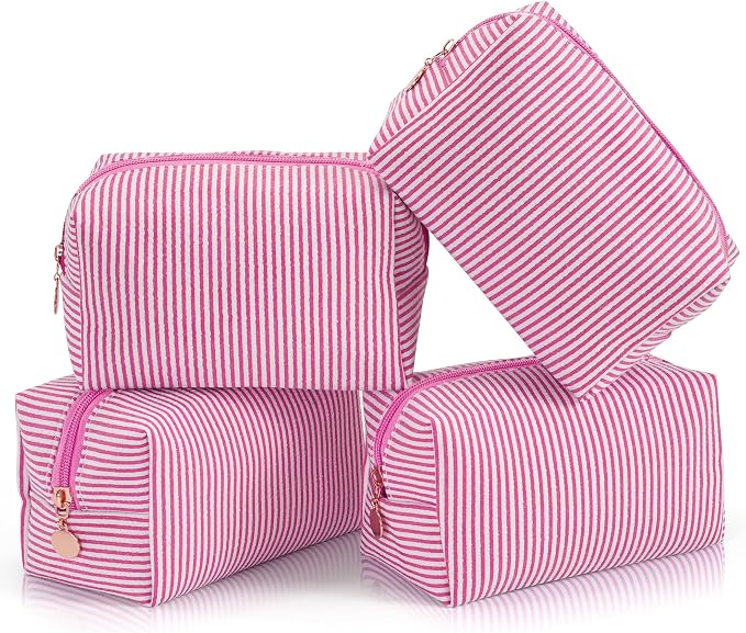 Makeup Bag Set for Women, 4PCS Travel Cosmetic Bags Pencil Case, Striped Seersucker Toiletry Organizer Pouches, Cute Makeup Pouch for Purse, Accessories and Gifts, Rose Red
