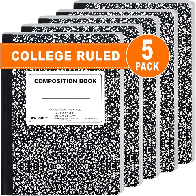 Trail maker 5 Pack Composition Notebooks, College Ruled Marble Cover, 200 Pages (100 Sheets), 9.75 x 7.25, Bulk School Supplies for Classroom, Office & School Donations
