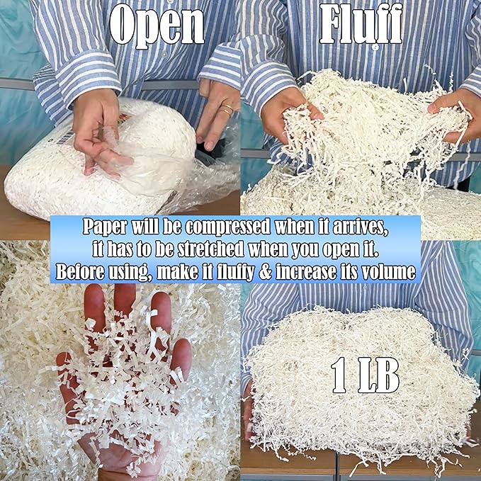 Mood Lab Crinkle Cut Paper Shred Filler - 1 LB White - Shredded Cut Paper for Basket Filling - Gift Box Kraft Wrapping Paper