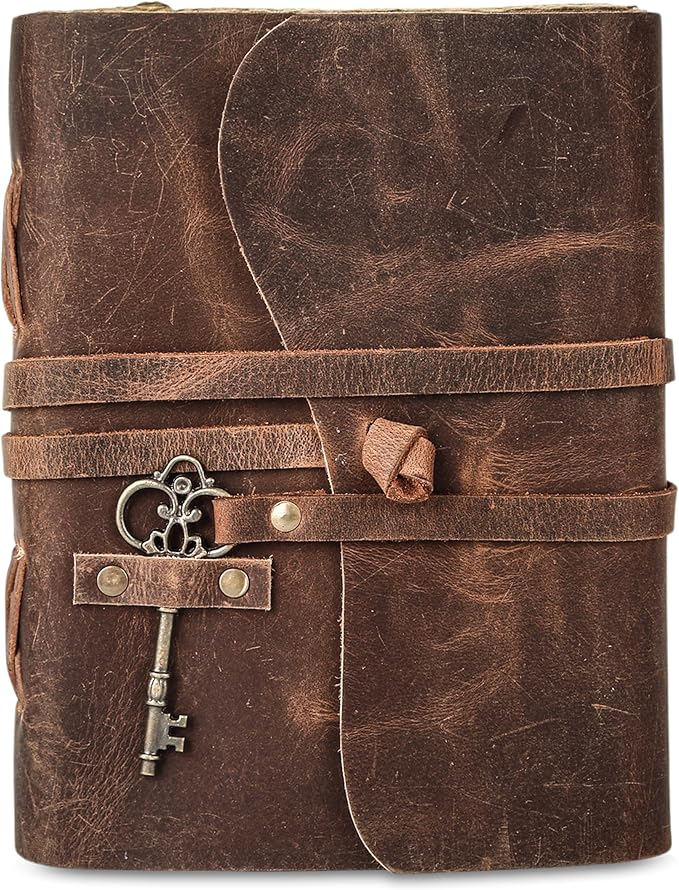 Leather Journal with Deckle Edge Paper 8x6 inch and Vintage Key | Handmade Writing Notebook Diary | Bound Daily Notepad for Men & Women Medium, Sketch/Writing pad for Artists