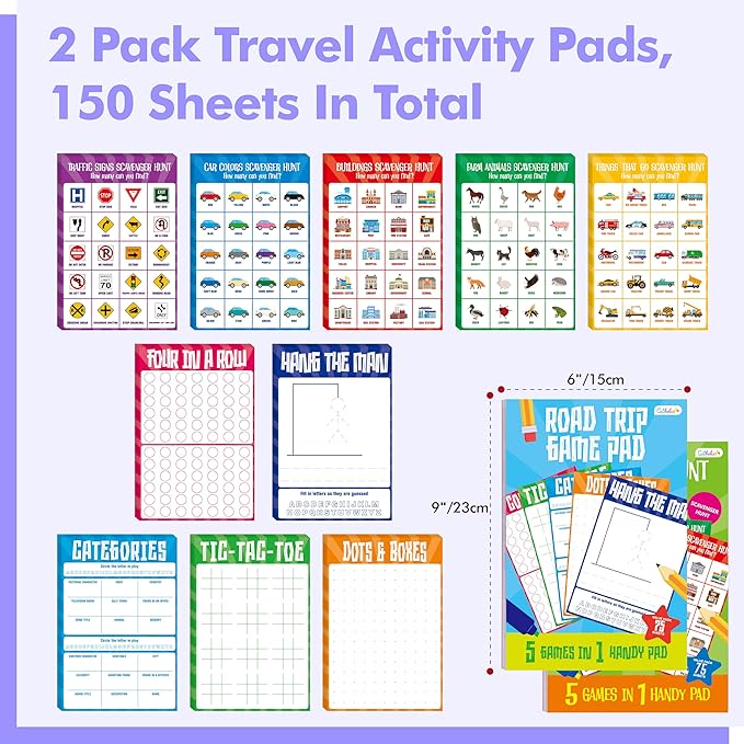 Gethelud 2 Pack Road Trip Game Pads, 10 Games (Categories, Dot & Boxes, Tic-tac-Toe, Scavenger Hunt Bingo), Pen Pencil Paper Game, Plane Trip/Car Travel/Getaway Activity Pad for Kid, Adult