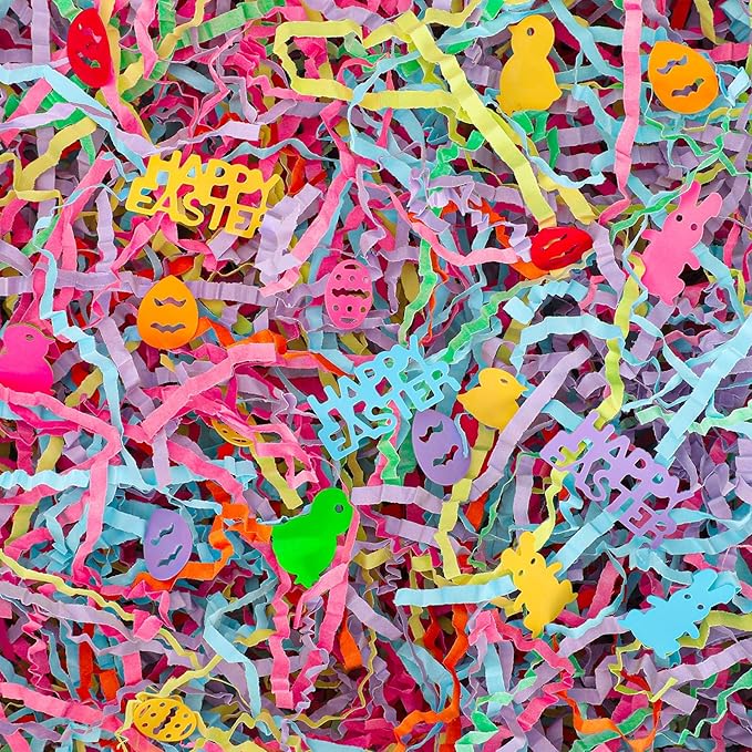 woric Easter Grass Basket Filler, 10.6oz(300g) 6 colors Crinkle Cut Paper Shred Filler with Colorful Easter Confetti for Gift Baskets Egg Hunt Gift Wrapping DIY Crafts Decoration