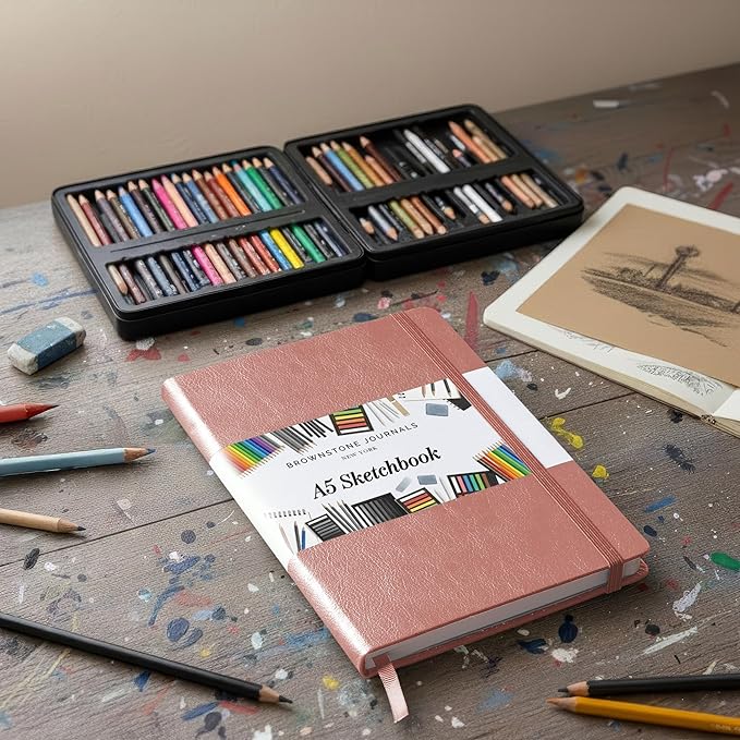 BROWNSTONE JOURNALS A5 Sketch Book Hardcover - 80 Sheets 100 GSM Paper 5"x8", Lay Flat, Vegan Leather Cover, Elastic Band, Back Pocket, Art Drawing Book (Rose Wood)