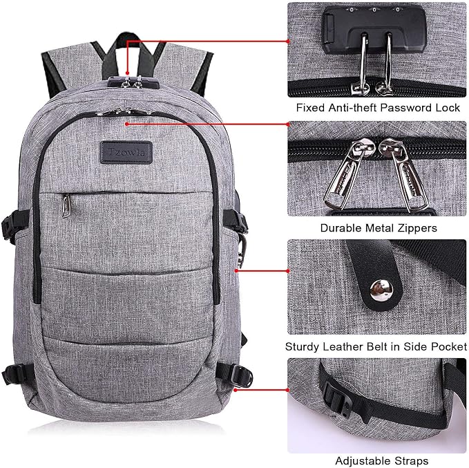 Tzowla Travel Laptop Backpack Water Resistant Anti-Theft Bag with Giant Tumbler Holder Pocket and Lock 17.3 Inch Computer Business Backpacks for Women Men Work College Gift,Casual Daypack(Grey)