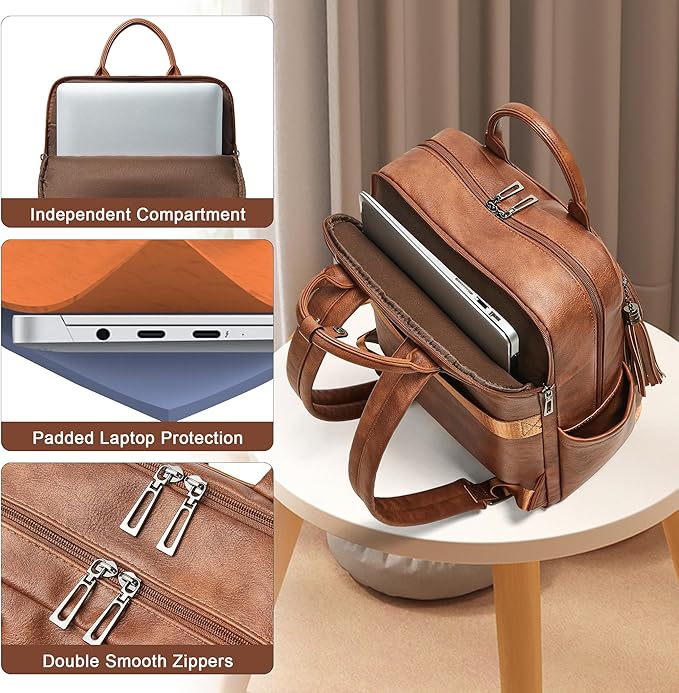 Shrrie Laptop Backpack for Women 15.6 inch Travel Leather Backpack Purse Work Computer Backpacks for Business College Brown