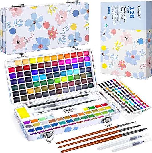 Caliart Watercolor Paint Set, 128 Colors Portable Water Color Palette with Detail Paint Brush, Art Supplies Watercolor Painting Kit Coloring Drawing Gifts for Adults Beginners Professional Artists