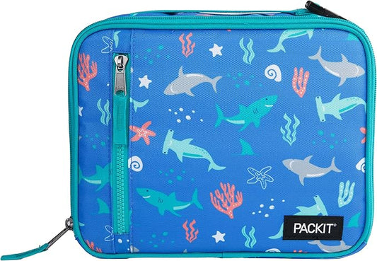 PackIt(R) Freezable Classic Lunch Box, Sea Shark, Built with EcoFreeze(R) Technology, Collapsible, Reusable, Zip Closure With Zip Front Pocket and Buckle Handle, Designed for Fresh Lunch On the Go