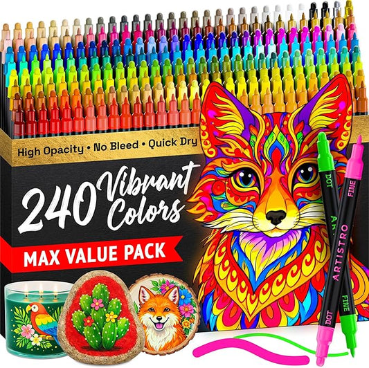 ARTISTRO 240 Precision Dual-Tip Acrylic Paint Markers – Paint Pens Set with Dot & Fine Tips for Fabric, Rock, Glass, Wood, Coloring Books – Classroom & Art Supplies Gift – Teacher Appreciation Gift