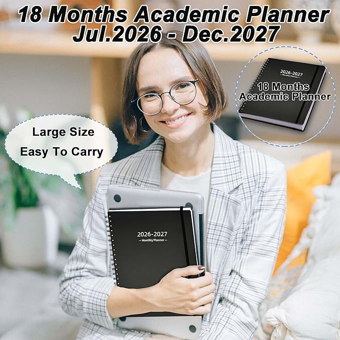Monthly Planner 2026-2027 (7.6'' x 9.6''), from Jul 2026-Dec 2027, 18 Months Calendar Book, 2026 Agenda Planner with Tabs & Pocket, Black