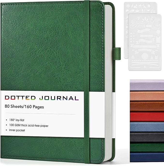 Dotted Journal Notebook, A5 Leather Hardcover, 160 Pages, 180° Lay-Flat Binding, 100 GSM Thick Paper, Dot Grid for Bullet Journaling, Planning & Daily Organization (Green)