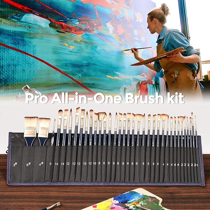 Nicpro 36 PCS Paint Brush Set, 9 Brush Types Professional Acrylic Paint Brushes with Cloth Roll and Gift Box, Suitable for Acrylic Painting, Oil, Watercolor, Gouache, Art Supplies for Artist Beginner