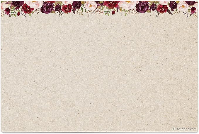 321Done Index Cards with Red Roses Floral Design - (50) 4x6 Kraft Cards - Blank, No Lines - For Studying, Learning, Notes, Messages, Notecards, Crafts & Card Making - Pretty, Cute - Made in USA
