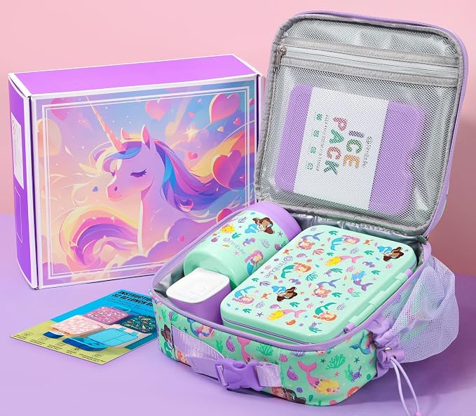 Fimibuke Bento Lunch Box for Kids Toddler Girl with 12OZ Insulated Food Jar | 3-Compartment 32OZ Snack Lunch Container Bento Box, Lunch Bag & Ice Pack Set for Age 3-12 School Daycare Camp, Mermaid
