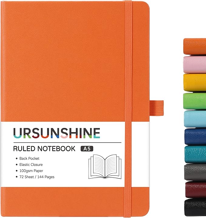 URSUNSHINE Ruled Notebook/Journal - Classic Lined Journal/Notebook, Hardcover with Thick Paper, 5.7" x 8.4", Banded + Pen Holder +Inner Pocket - Orange