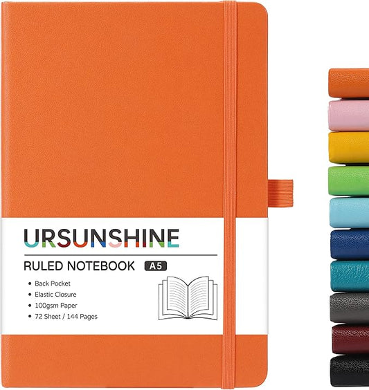 URSUNSHINE Ruled Notebook/Journal - Classic Lined Journal/Notebook, Hardcover with Thick Paper, 5.7" x 8.4", Banded + Pen Holder +Inner Pocket - Orange