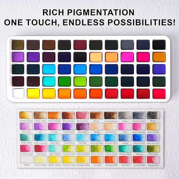 50 Solid Watercolor Paint Set, Built-in Palette with 6 Detailed Brushes, Non-toxic Portable Travel Set for Beginners, Artists, Painting Gift for Classroom, Festivals, Birthdays, Holidays