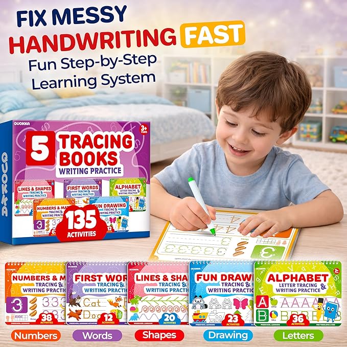 QUOKKA Tracing Books for Kids Ages 3-5 Set – 5 Reusable Dry Erase Activity Books for Kids Ages 3-5 - Writing Practice Kit with Markers - Preschool Learning Quiet Time Travel