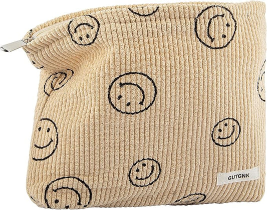 GUTGNK Makeup bag for Women, Corduroy Cosmetic Bag Aesthetic Design Ladies Tote Bag,Cute Smiley Face Makeup Organizer with Zipper - Khaki