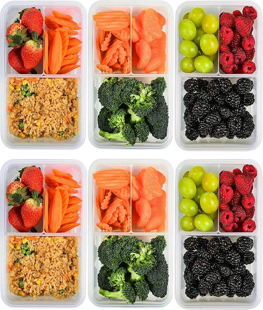 Bento Box Lunch Meal Prep Containers 3 Compartment, Leak Proof, 6 Pack | BPA-Free Reusable Food & Snack Containers for Adults and Kids, Microwave Freezer Dishwasher Safe, Stackable Airtight Lid 39oz