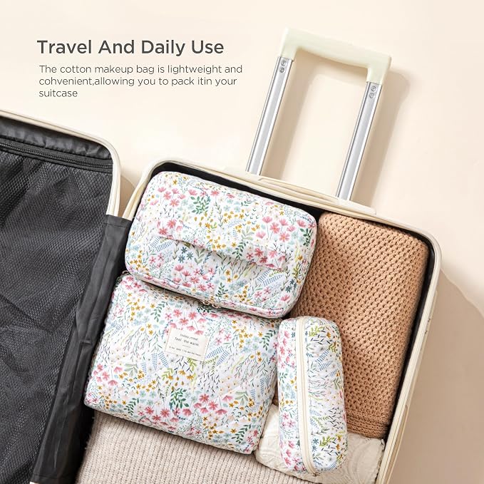 HBselect Quilted Makeup Bag, 3Pcs Cotton Large Travel Makeup Bags Organizer | Cute Floral Make up Bag Cosmetic Bag Toiletry Bag for Women Girls, Makeup Pouch for Skincare, Brushes & Travel Essentials