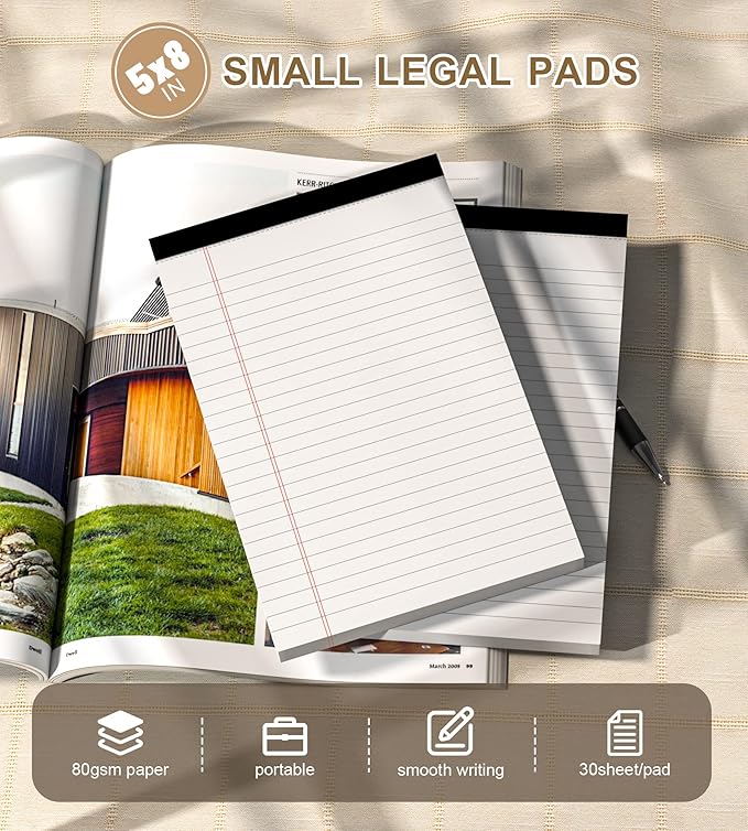 Note Pads 5x8 Small Legal Pads White Notepad, 6 Pack, Narrow Ruled Notepads, Micro Perforated Legal Writing Pads Memo Pad, 30 Sheet/ Note Pad, Notebook Paper Tablet for School, Lined Note Pad 5x8''