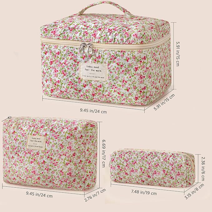 HBselect Quilted Makeup Bag, 3Pcs Cotton Large Travel Makeup Bags Organizer | Cute Floral Make up Bag Cosmetic Bag Toiletry Bag for Women Girls, Makeup Pouch for Skincare, Brushes & Travel Essentials