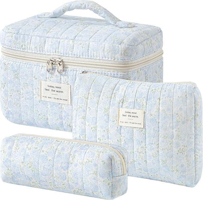 HBselect Quilted Makeup Bag, 3Pcs Cotton Large Travel Makeup Bags Organizer | Cute Floral Make up Bag Cosmetic Bag Toiletry Bag for Women Girls, Makeup Pouch for Skincare, Brushes & Travel Essentials