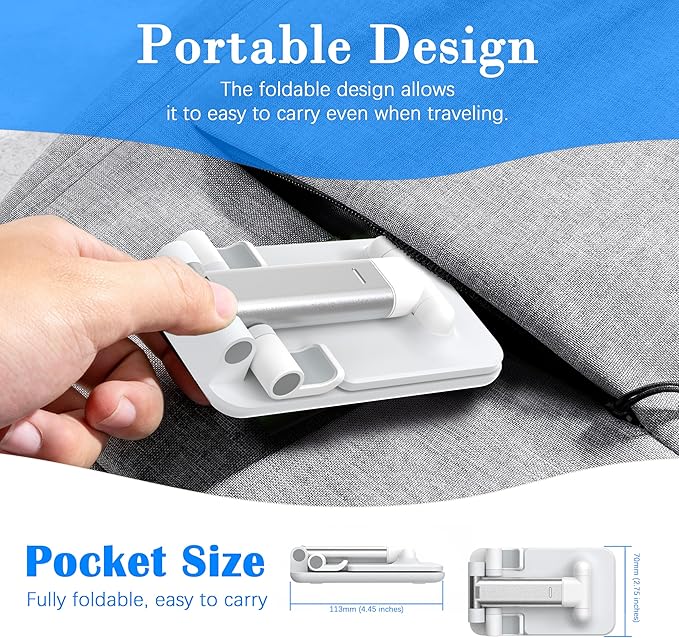 Cell Phone Stand, Adjustable Angle and Height Cell Phone Holder for Desk, Foldable and Portable, Anti-Slip Silicone Pad, Compatible with All Mobile Phones and 4-8 Inch Devices, White