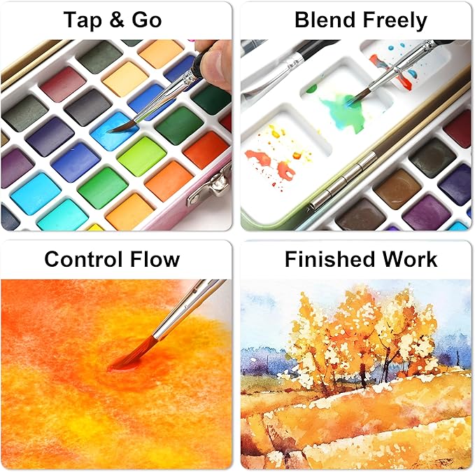 50 Solid Watercolor Paint Set, Built-in Palette with 6 Detailed Brushes, Non-toxic Portable Travel Set for Beginners, Artists, Painting Gift for Classroom, Festivals, Birthdays, Holidays