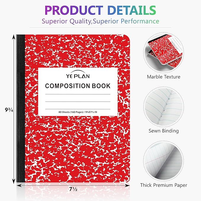 Yeplan Composition Notebooks 4 pack, Wide Ruled Notebook Paper, 9 3/4" x 7 1/2", 80 Sheets/160 Pages, Aesthetic Marble Composition Notebook for School & Office Supplies (4, Assorted Colors)