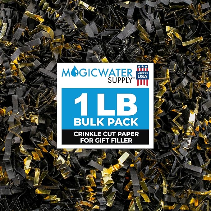 MagicWater Supply - 1 LB - Black & Gold - Crinkle Cut Paper Shred Filler great for Gift Wrapping, Basket Filling, Birthdays, Weddings, Anniversaries