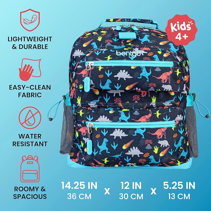 Bentgo Kids Backpack - Lightweight 14” Backpack in Fun Prints for School, Travel, & Daycare, Ideal for Ages 4+, Roomy Interior, Durable & Water-Resistant Fabric, & Loop for Lunch Bag (Dinosaur)
