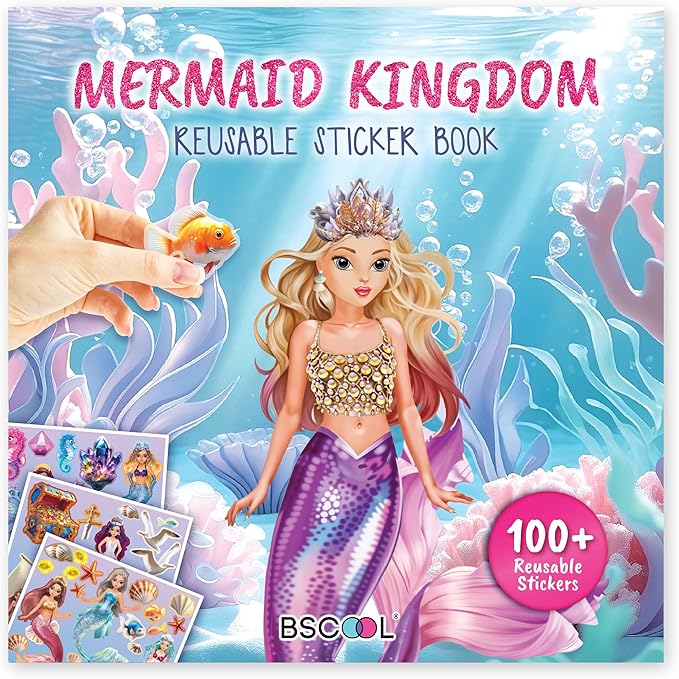 BSCOOL Mermaid Kingdom Reusable Sticker Book, 100+ Stickers, Underwater Fantasy Activity Book - Mermaid Sticker Dress Up for Girls Ages 4-6. Airplane Stickers Book for Toddlers. Gift for Girls