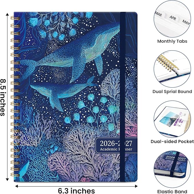 Planner 2026-2027, Academic Planner Weekly and Monthly, Jul 2026 - Jun 2027, Spiral Bound School Planning Tool with Tabs and Pocket, Perfect for Students & Teacher, 6.3" x 8.5", Luminous Deep