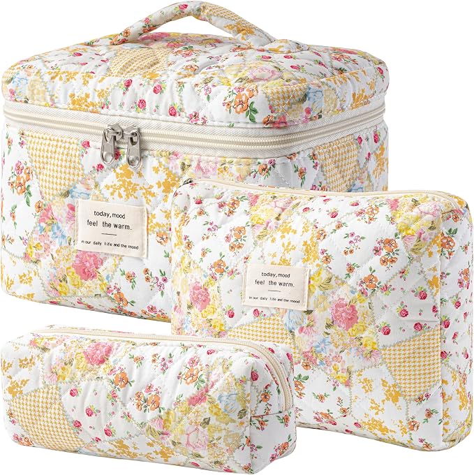 HBselect Quilted Makeup Bag, 3Pcs Cotton Large Travel Makeup Bags Organizer | Cute Floral Make up Bag Cosmetic Bag Toiletry Bag for Women Girls, Makeup Pouch for Skincare, Brushes & Travel Essentials