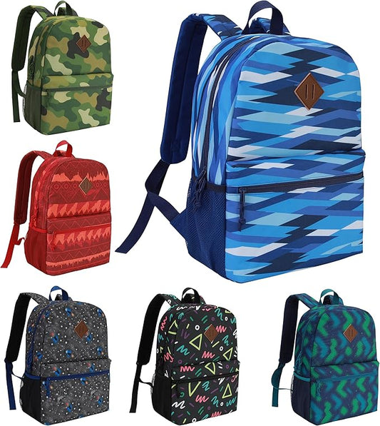 24-Pack 17" Bulk Backpacks for Middle School Students, Bookbags in 6 Assorted Prints, Durable School Backpacks for School Drives, Donations, and Giveaways