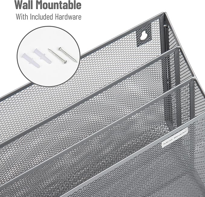 Mind Reader Vertical File Storage, Desktop Organizer, Wall Mount, Office, Metal Mesh, 12.5"L x 3.75"W x 11.5"H, Silver