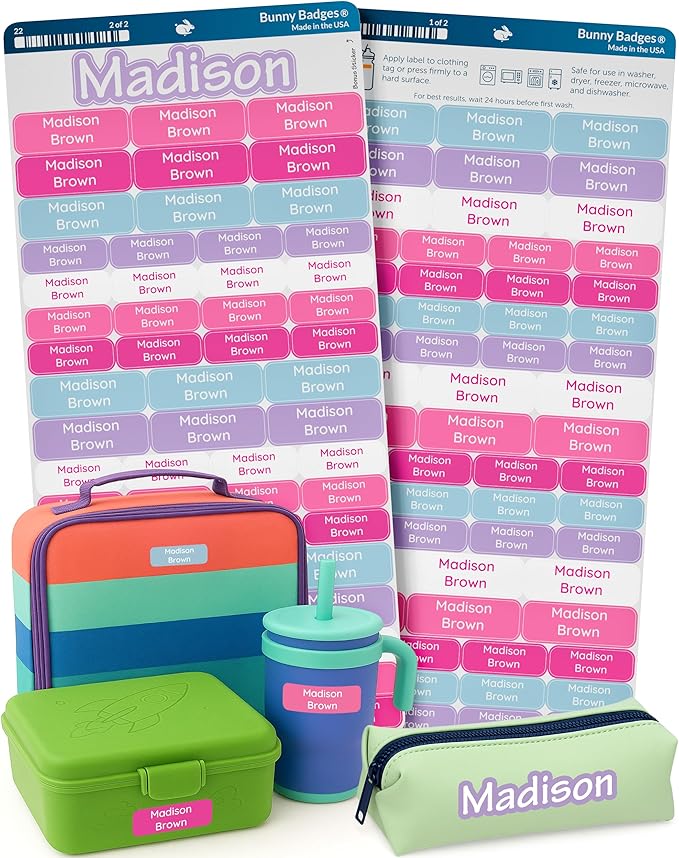 Bunny Badges Personalized Daycare Name Labels for Kids (120 Labels) Custom Label for Clothing Tag - Waterproof Name Stickers for Clothing Tags, Bottles, Backpacks and School Supplies (Sorbet)