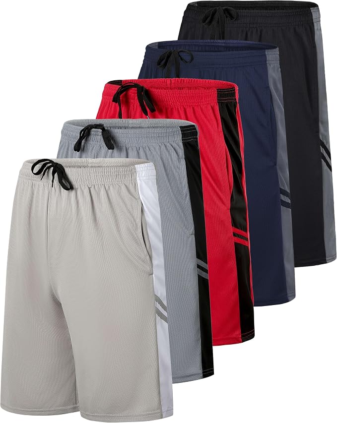 Real Essentials 5 Pack: Boys' Mesh Basketball Athletic Shorts with Pockets – Teen Kids Youth Quick Dry Soccer Running Gym